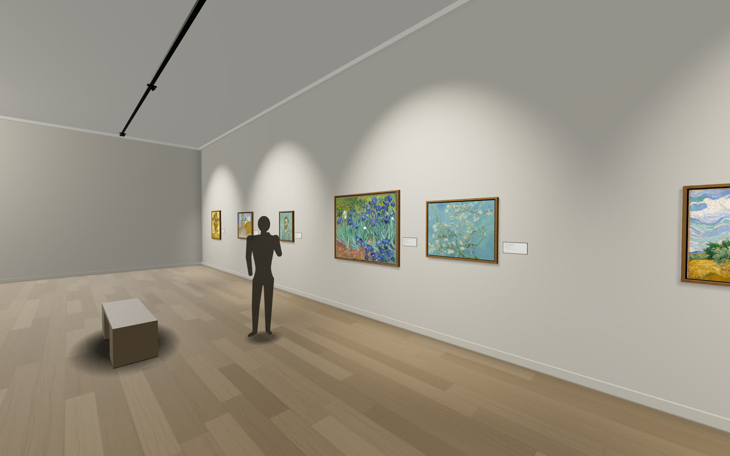 A first-person view of a 3D gallery with Van Gogh paintings on the walls