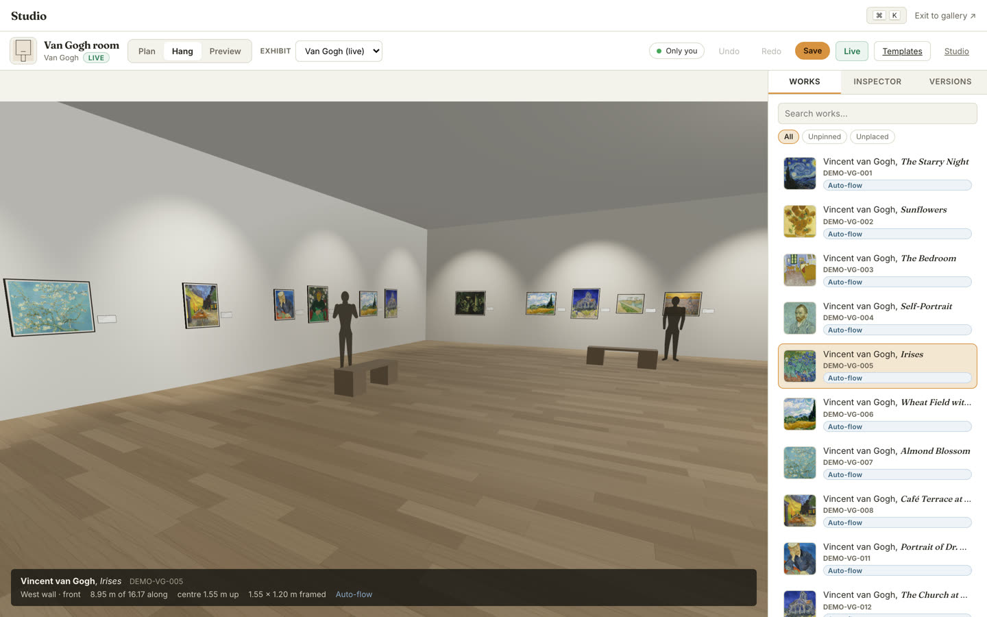 The CurateaDoodle studio, hanging works in a 3D room next to a catalogue list