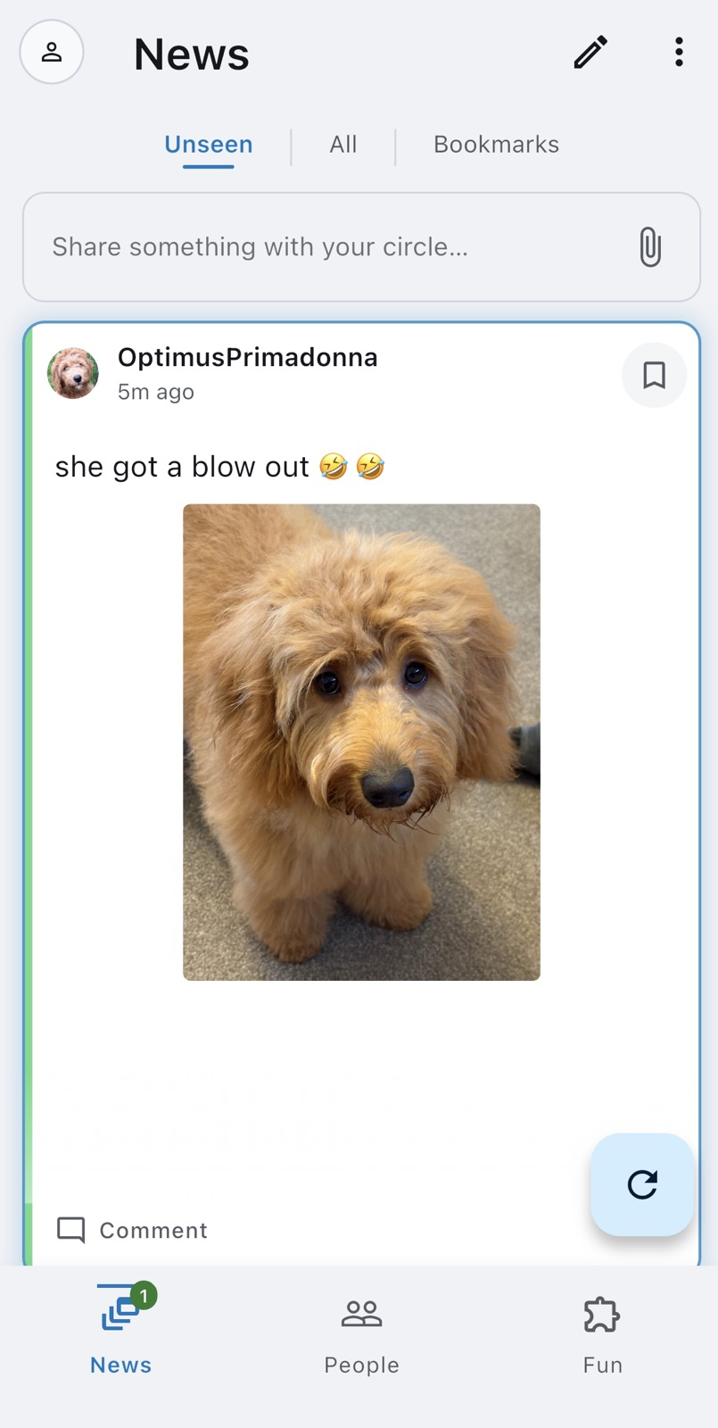 The FeedaDoodle News feed on iPhone, showing a friend’s post with a photo of a dog
