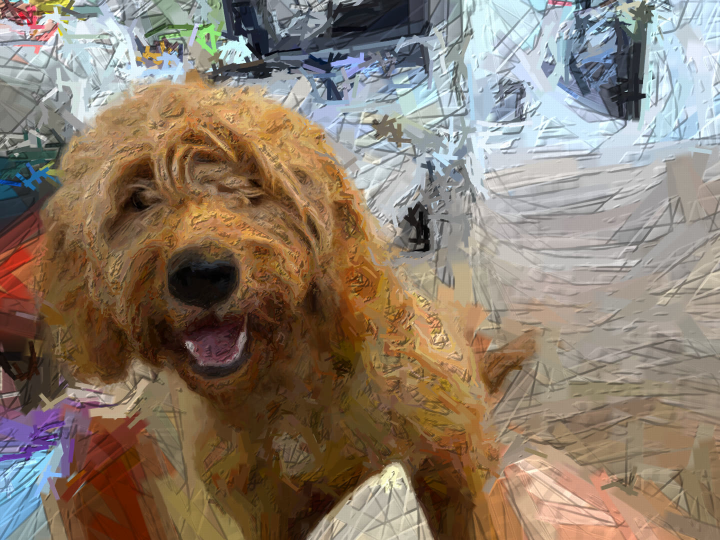 A golden doodle grinning at the camera, rendered in thick impasto brush strokes